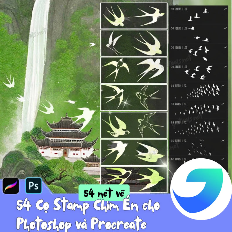 54 Swallow Bird Stamp Brushes for Photoshop & Procreate - Classical Oriental Art, Nature Painting