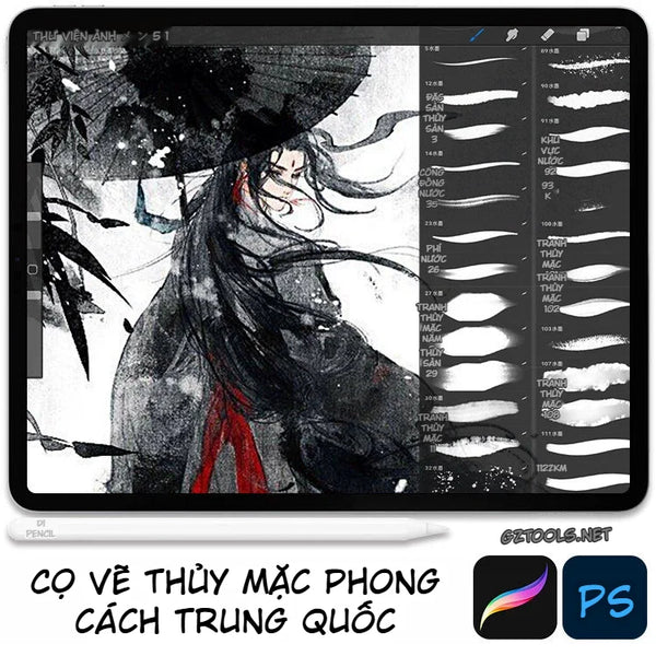 Chinese Ink Brush Collection for Procreate & Photoshop: Calligraphy Pen, Ink Splatter & Color Bleed CP412 - 150+ Brushes