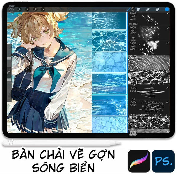 Ocean Wave Pattern Brush Set for Photoshop & Procreate - Sea Patterns, Sparkle Stars, Ocean Waves, Foam & Maritime Atmosphere